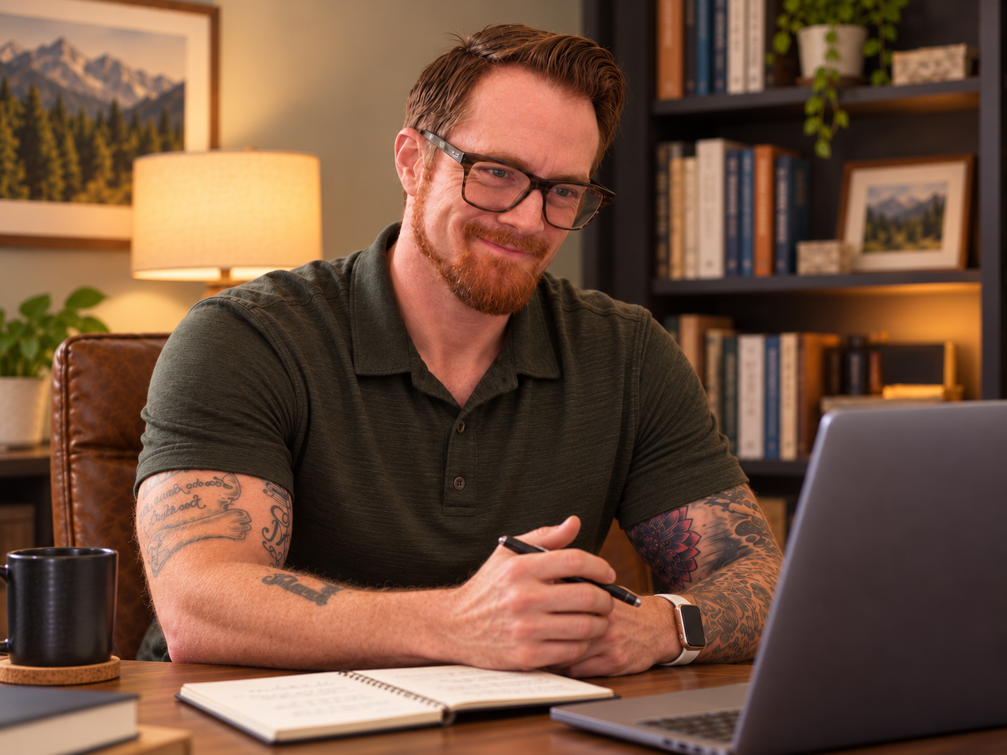 Cameron Millikin seated at his desk with a notebook, pen, and laptop